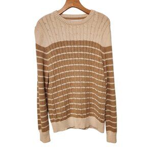 Nautica Cable Knit Sweater Pullover Cream Tan Striped Fisherman Mens Medium EUC